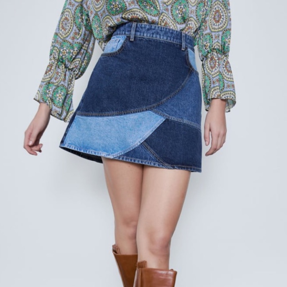 Zara denim patchwork mini skirt